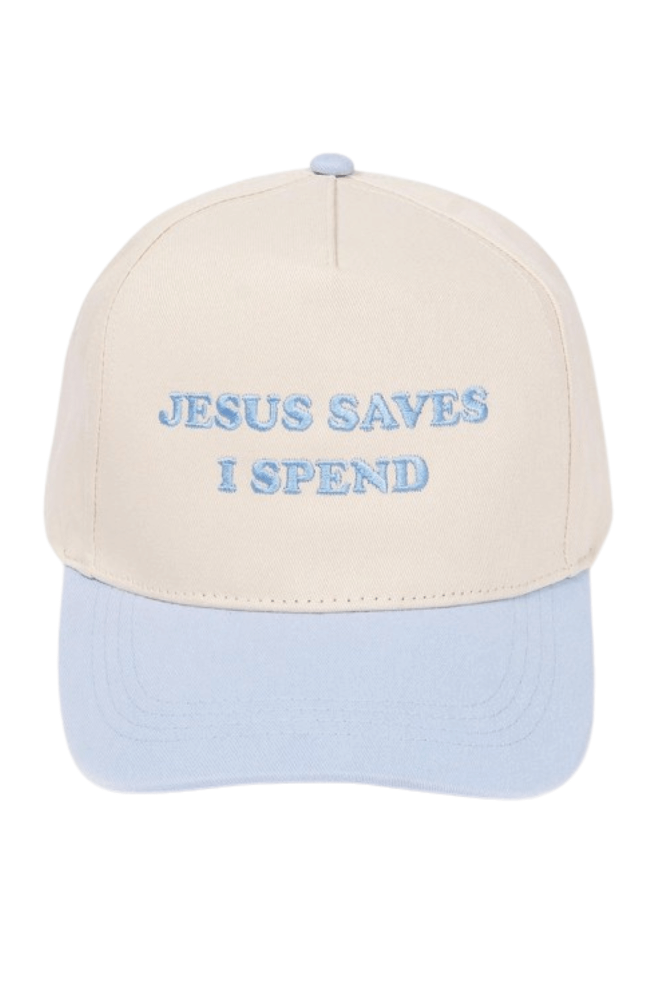 New White & Light Blue Baseball Cap with \'JESUS SAVES I SPEND\' Embroidery Jesus Saves I Spend Hat – cravemoreboutique main image 4