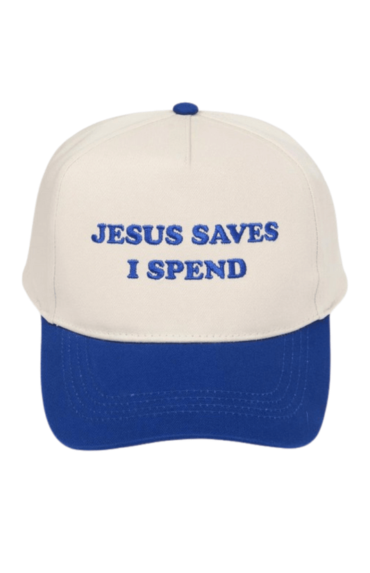Jesus Saves I Spend Baseball Cap - Cobalt