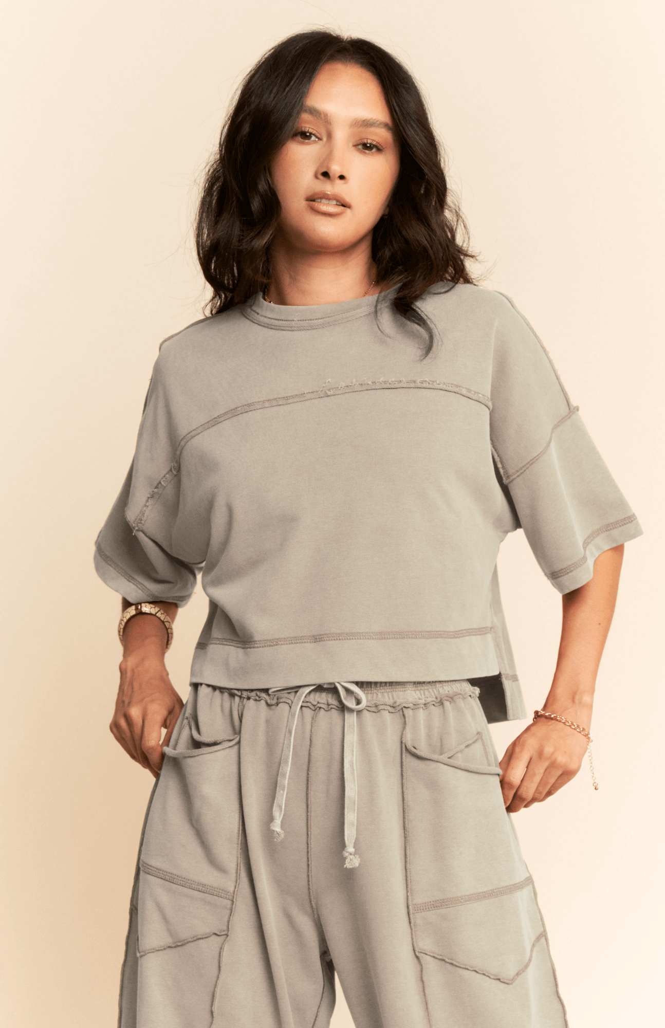 Boho Mineral Wash Top - Dove Grey