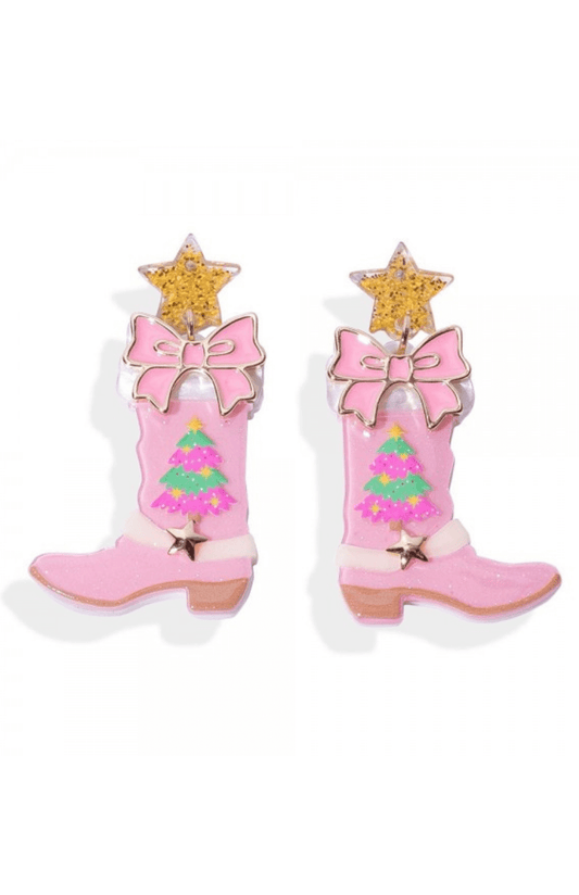 Christmas Cowgirl Boot Earrings - Pink