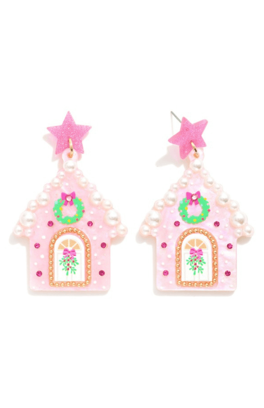 Pink Gingerbread House Earrings