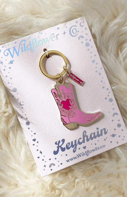 Flaming Cowgirl Boot Keychain